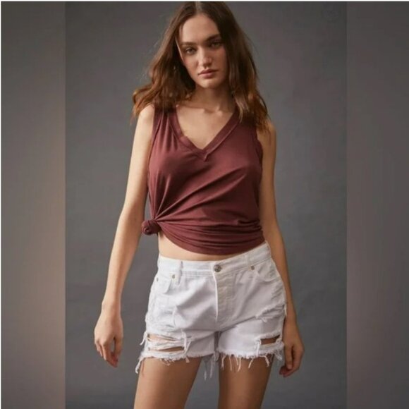We The Free People Maggie Distressed High Low Raw Hem‎ Cutoff Shorts White Sz 28 - Picture 1 of 14